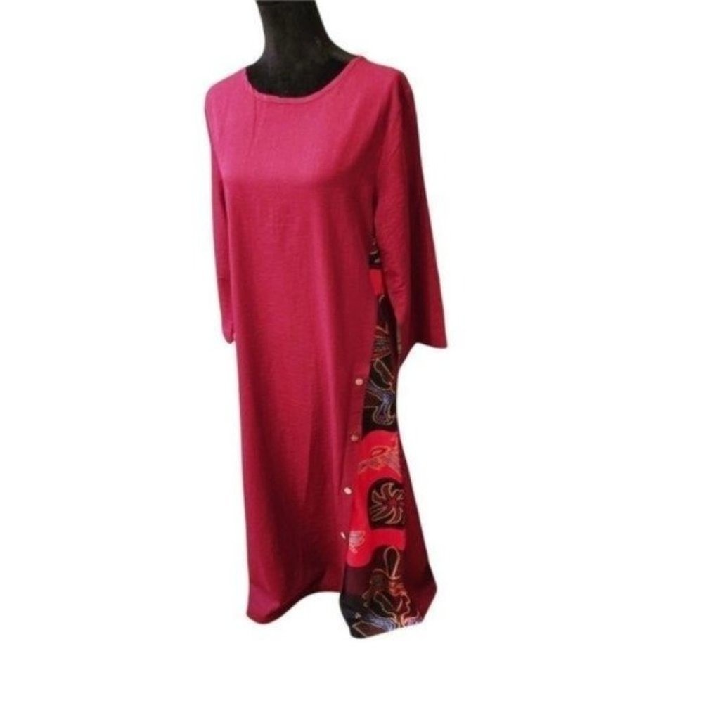 Womens Long Sleeve Maxi Dress Geometric Print‎ Side Panel Buttons Burgundy